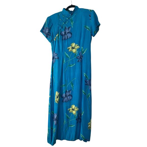 Dawn Joy Maxi Dress Vintage Blue Floral Longline Short Sleeve Tie Back High Neck - Picture 1 of 9